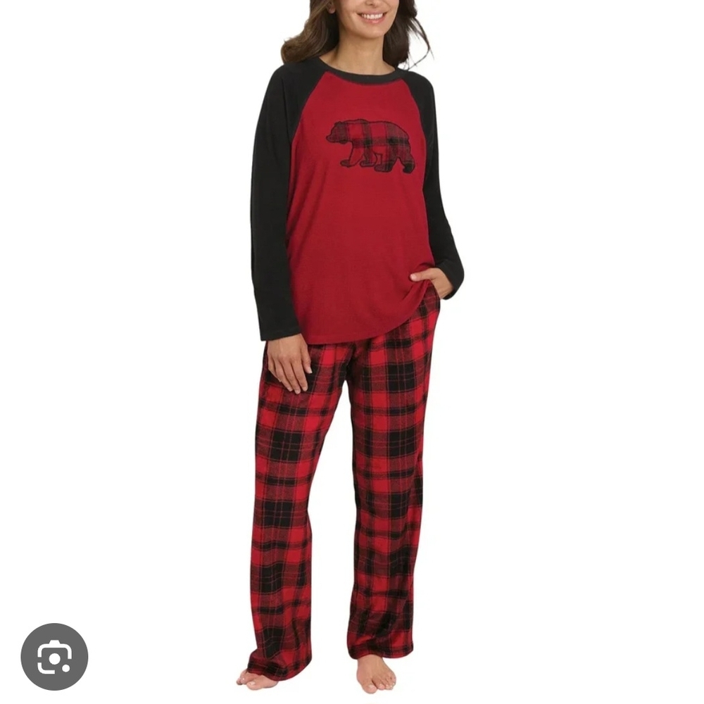 Women's Red Plaid Bear Pajama Set - Black Raglan Sleeves